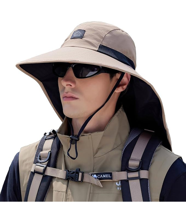 Rosoz Outdoor Sun Hat for Men Women, UPF50+ Protection Safari Cap Wide Brim Mesh Fishing Hat with Neck Flap Beach Garden