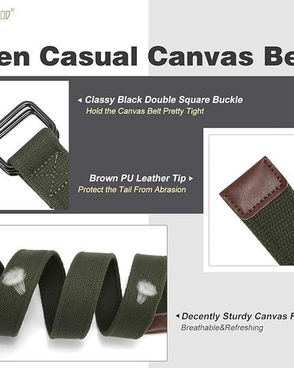 JASGOOD Men Canvas Fabric Belts Casual Web Cloth Belts with Black Double Ring Buckle 2 Pack