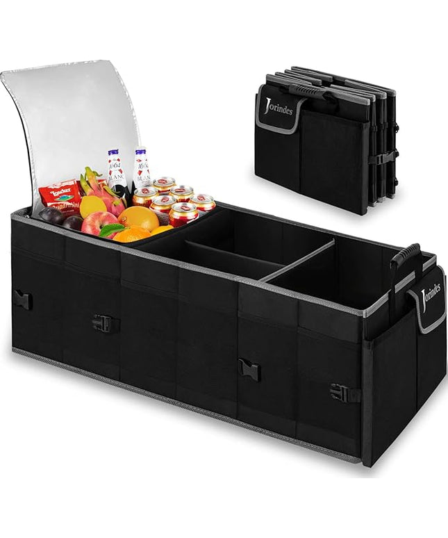 Trunk Organizer With Built-In Insulated Leak Proof Cooler Bag,Collapsible Cargo Organizer For Suv With Non Slip Bottom Strips,3 Large Compartments Foldable Waterproof Portable Car Storage Box