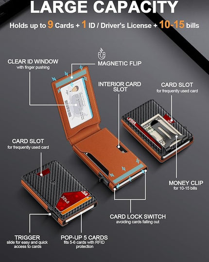 Ruiici Wallet for Men, Slim Minimalist Wallet with Money Clip＆ID Window, RFID Blocking Pop-Up Credit Card Holder, Smart Auminum Mens Wallet Holds 9-13 Cards (Gift Box) (Carbon Fiber & Orange)