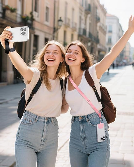 takyu Phone Lanyard, 2 Pack Adjustable Anti-Drop Neck/Wrist Strap with 2 Pcs Tether Patches, Secure Hands-Free Compatible for iPhone Samsung Perfect for Nurses, Teachers, Travel, Hiking Black+Pink