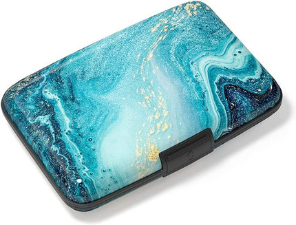 Atufsuat Credit Card Holder, Mini Aluminum Card Wallet RFID Blocking Slim Metal Hard Card Case for Women Men, Blue Ocean Marble