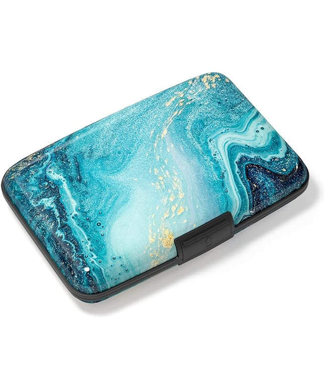 Atufsuat Credit Card Holder, Mini Aluminum Card Wallet RFID Blocking Slim Metal Hard Card Case for Women Men, Blue Ocean Marble