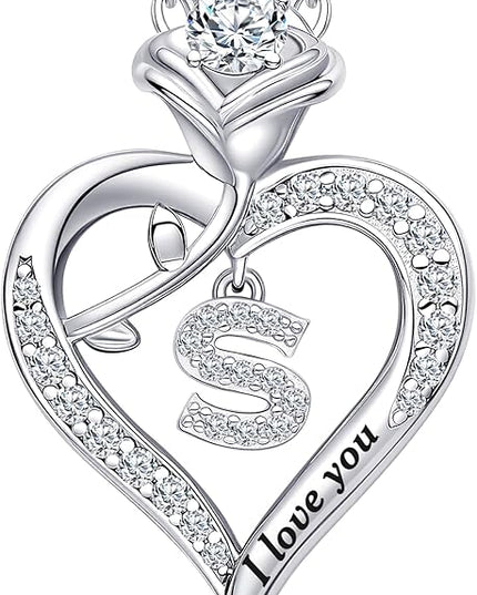 Rose Heart Pendant Necklace Gifts for Wife, Engraved 'I love you' Gift for Wife Girlfriend, Anniversary Birthday Eternity Jewelry Present for Women, Moissanite Necklace Gift for Her
