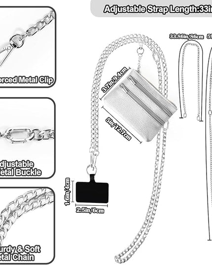 XANGNIER Clip and Go Strap for Phone with Wallet Crossbody, Phone Strap with Zippered Wallet, Adjustable Anti Theft Cellphone Lanyard for Women, Cellphone Chain Accessories,Chain Silver