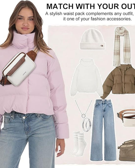 LATMAP 3L Fanny Packs for Women Cross Body Bag Vegan Leather Chest Belt Bag Fashion Waist Pack Small Bum Bag Crossbody for Travel Running Workout, Beige with Brown