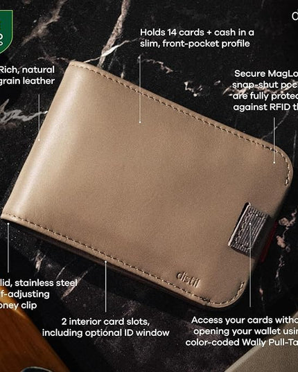 Distil Union Wally Bifold 5.0 RFID Wallet with ID Window - Slim Bifold Wallet for Men with Money Clip, Premium Leather – Minimalist RFID Card Holder - Holds 14 Cards & 30 Bills - Gray