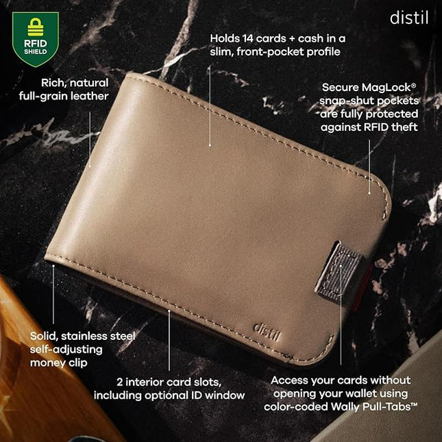 Distil Union Wally Bifold 5.0 RFID Wallet with ID Window - Slim Bifold Wallet for Men with Money Clip, Premium Leather – Minimalist RFID Card Holder - Holds 14 Cards & 30 Bills - Gray