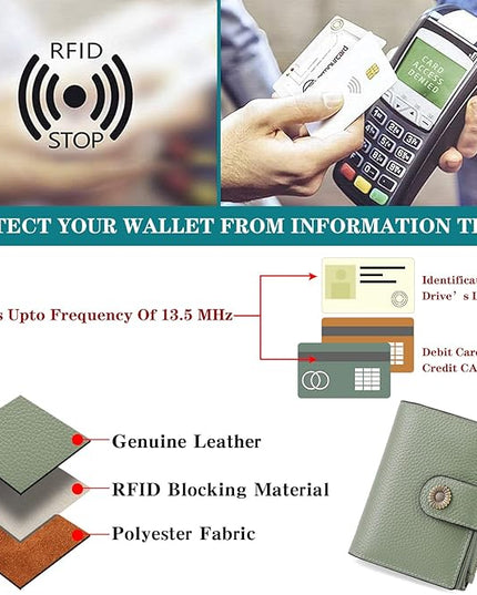 Falan Mule Women's Lightweight Genuine Leather Wallet, Includes Card Holders, RFID-Blocking, Lightweight, Photo & ID Holder, Green