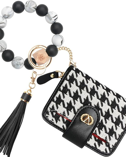 Multi-Purpose Wallet High Capacity Card Holder Zipper Coin Purse with Wristlet Bracelet Keychain Silicone Beaded Bangle Key Ring