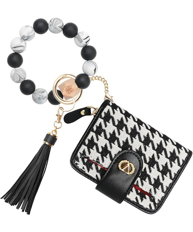 Multi-Purpose Wallet High Capacity Card Holder Zipper Coin Purse with Wristlet Bracelet Keychain Silicone Beaded Bangle Key Ring