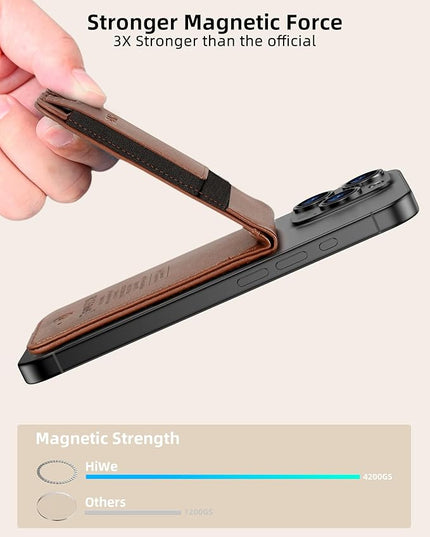 HiWe for MagSafe Wallet Stand with Find My, Anti-Lost Strongest Magnetic Wallet for iPhone 17/16/15/14/13/12 Series, 9 Cards Holder, Leather RFID, Brown