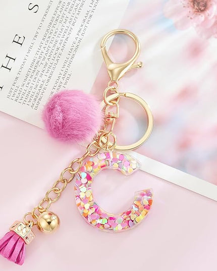 Resin Alphabet Initial Letter Keychain Keyring for Women Purse Handbags With Fur Ball Pom