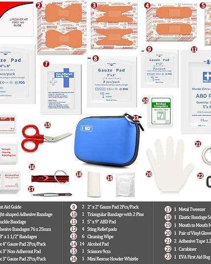 I GO 85 Pieces Hard Shell Mini Compact First Aid Kit, Small Personal Emergency Survival Kit for Travel Hiking Camping Backpacking Hunting Marine Car