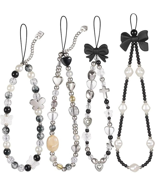 Draupnir 4pcs Phone Charms Strap, Butterfly Bow Camera Strap Wrist Beaded Phone Bracelet Wrist Straps, Pearl Bracelet Lanyard Keychain Charm for Women