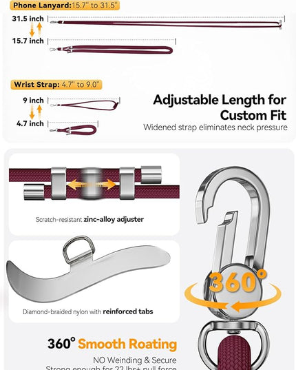 4-IN-1 Phone Lanyard + Wrist Strap, 2PCS Adjustable Length Cell Phone Lanyard with 2 Tether Tabs for iPhone,Smartphones
