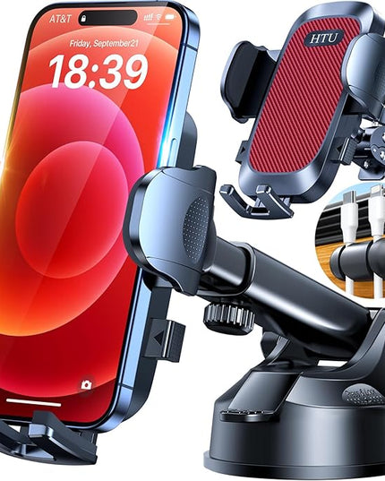 HTU 𝟐𝟎𝟐𝟔 𝐔𝐩𝐠𝐫𝐚𝐝𝐞𝐝【True Military-Grade】 Car Phone Holder【Safety Certs & No Smell】 Cell Phone Holder for Car Mount for Dashboard Windshield Air Vent Long Arm Thick Case,Red