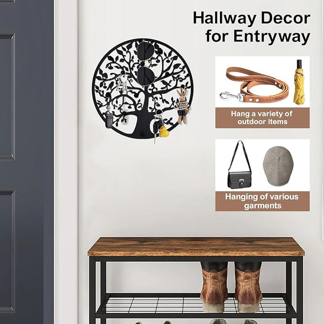 ZULONG Round Decorative Home Key Holder Wall Mount, Metal Tree Car Key Rack for Wall Organizer for Keys, Wallets, Hats, Used for Decor for House Entryway, Kitchen, Garage, Office (12" Black)
