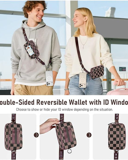 Clip and Go Strap for Phone with Wallet Crossbody Phone Lanyard and Detachable Checkered Bag with ID Window and RFID Pouch for Daily Travel.