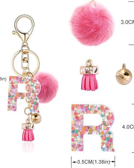 Resin Alphabet Initial Letter Keychain Keyring for Women Purse Handbags With Fur Ball Pom