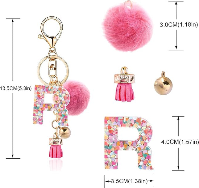 Resin Alphabet Initial Letter Keychain Keyring for Women Purse Handbags With Fur Ball Pom
