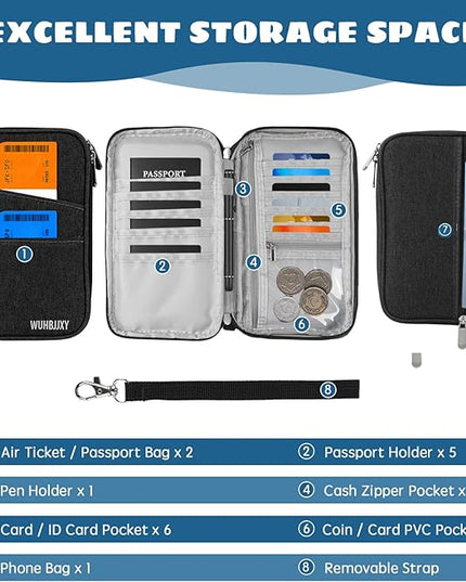 RFID Family Passport Holder, Travel Wallet, Travel Document Organizer, Passport Bag，Cheap,Multifunctional.(Black)