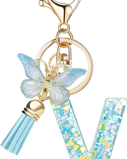 Fashion Alphabet Initial Letter Keychain Tassel Butterfly Pendant Key Ring for Purse Handbags Women Girl