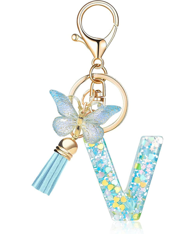 Fashion Alphabet Initial Letter Keychain Tassel Butterfly Pendant Key Ring for Purse Handbags Women Girl
