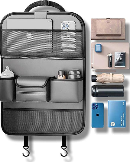 2 Pack Leather Car Backseat Organizer with Foldable Table Tray, Car Storage Organizer with Tablet Holder, Car Seat Back Protectors Kick MatsTravel Accessories