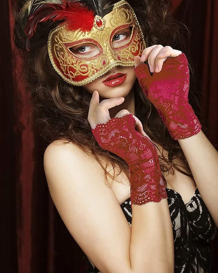 Women's Short Lace Gloves Fingerless for Driving Wedding Wrist Length Bridal Prom Gloves