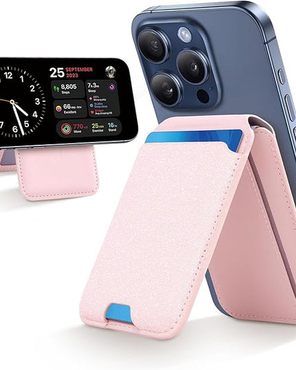 CreaDream Magnetic Wallet, Magnetic Card Wallet Holder with RFID for iPhones, Adjustable Stand with 5 Card Holder for iPhone 17/16/15/14/13/12 Series, Not for iPhone Mini, Sparkle Pink