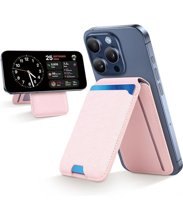 CreaDream Magnetic Wallet, Magnetic Card Wallet Holder with RFID for iPhones, Adjustable Stand with 5 Card Holder for iPhone 17/16/15/14/13/12 Series, Not for iPhone Mini, Sparkle Pink