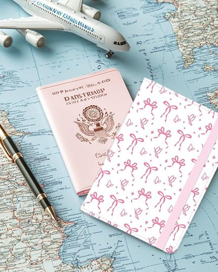 Pink Bow Ties Leather Passport Holder Cover Butteryfly Travel Wallet Passport Case with Credit Card Slots for Women Men Travelling Essentials for Flying