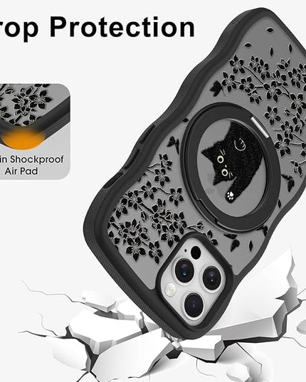 Wavy Case for iPhone 12 Pro Case with Stand [Compatible with MagSafe] Cute Black Cat & Floral & Butterflies Pattern Design, Kawaii 360 Magnetic Ring Kickstand Phone Cover for Women Girls