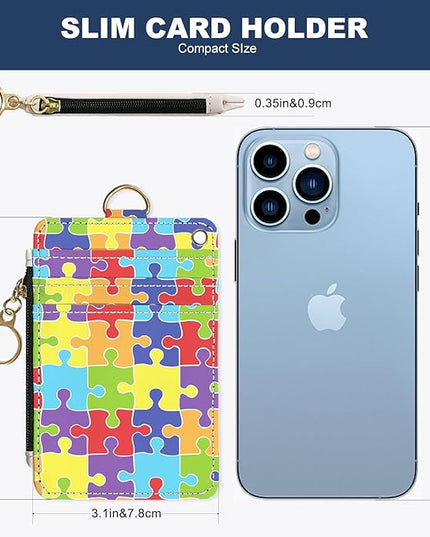Slim Wallet Credit Card Holder, Jigsaw Puzzle, RFID Wallet Women Cute Small Front Pocket Wallet With Zipper, PU Leather Thin travel RFID Blocking Card Case ID Window,Ladies Gifts