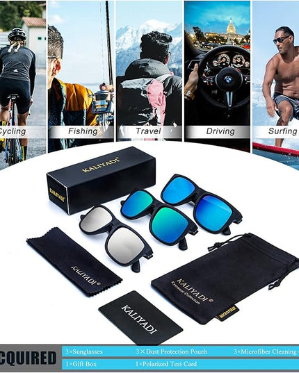 KALIYADI Sunglasses Men Polarized Sun glasses for Mens Womens Classic Matte Black Frame UV Protection 3pack