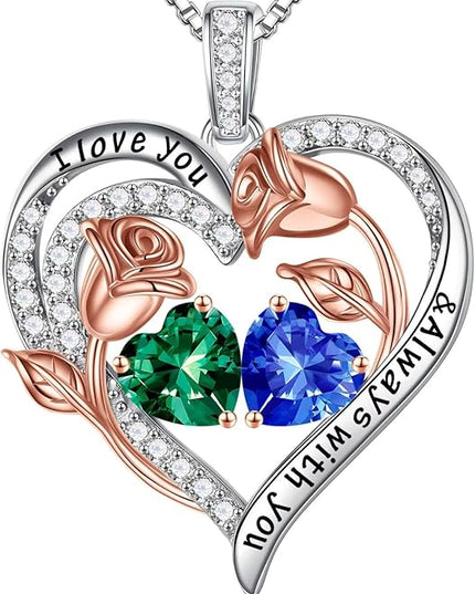Iefil Christmas Gifts for Women Wife - 925 Sterling Silver Rose Heart Birthstone Necklace Birthday Anniversary Jewelry Gifts for Her Wife Mom Daughter