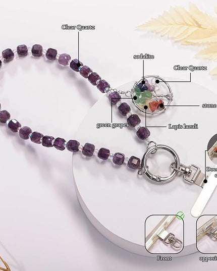 Beaded Phone Wrist Strap with Healing Crystal Tree of Life Cellphone Camera Charm Detachable Anti Theft Strap Lanyard Chain for Women Compatible with Sparkling Wristlet Phone Case Keys