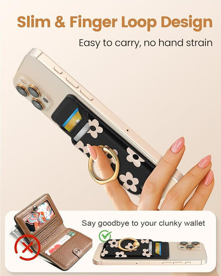 Shorogyt Compatible with Magsafe Wallet Magnetic Card Holder - Phone Wallets with Ring Grip Stand Cute Fashion for iPhone 17/16/15/14/13/12 Series for Women Girls Black Flower Design, Fit 3 Cards