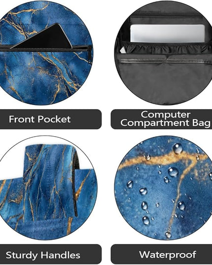 Large Backpack with 15.6 Inch Laptop Compartment, Blue Marble with Gold Veins Texture Adult Backpack for Work, Travel & School College Boys Girls
