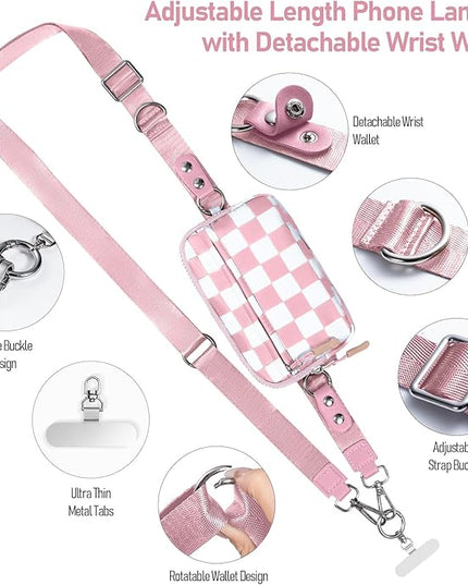 Clip and Go Strap for Phone with Wallet Crossbody Phone Lanyard and Detachable Checkered Bag with ID Window and RFID Pouch for Daily Travel.