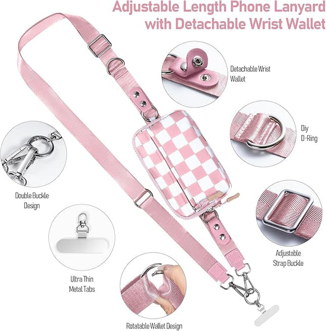 Clip and Go Strap for Phone with Wallet Crossbody Phone Lanyard and Detachable Checkered Bag with ID Window and RFID Pouch for Daily Travel.