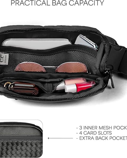 C.C Woven Vegan Leather Fanny Pack – Waist Bag with Adjustable Strap, Crossbody Belt Bag (Vegan Leather Woven - Champagne)