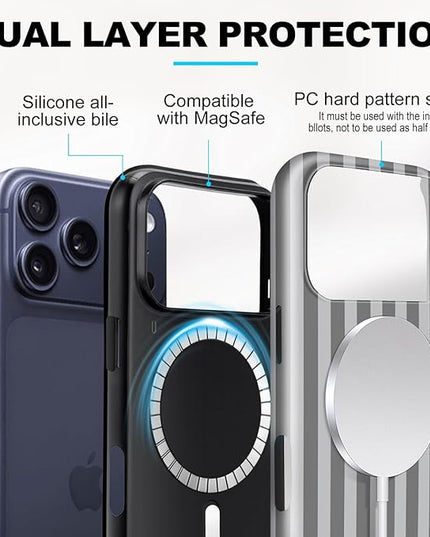 Magnetic for iPhone 17 Pro Max Case Cute Stripes Phone Case, Shockproof Slim TPU and Hard PC Protective Phone Cover Compatible with MagSafe Designed for Women Girls, Gray