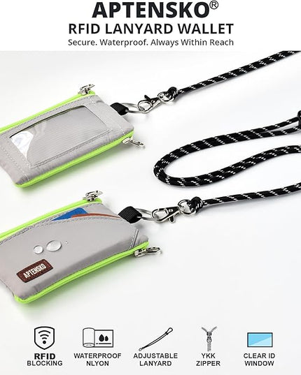 RFID Travel Wallet with Adjustable Lanyard-Zipper Small Wallet with ID Card Holder, Keychain for women&men-Minimalist Slim Waterproof Nylon case for ID, Cash, Key (Grey)