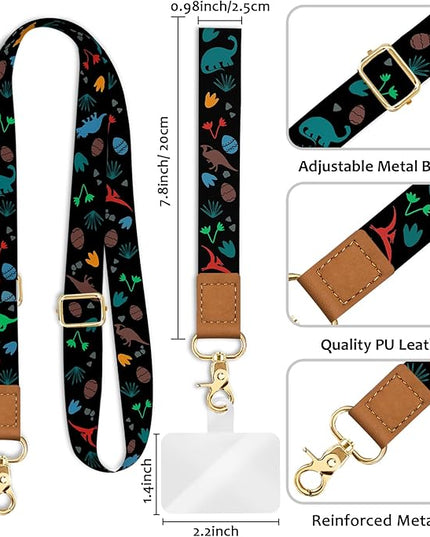 Phone Lanyard Crossbody Wrist Strap, Cute Dinosaur Cell Phone Lanyards for Around the Neck Wristlet Shoulder, Adjustable Strap for Car Keys Keychain Wallet ID Badge Black