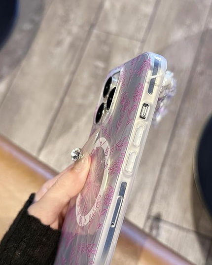 Compatible with iPhone 15 Pro Cases,Cute Flower Phone case with Floral Pearl Chain,Compatible MagSafe Silicone Shockproof Phone case for Women and Teenage Girls.