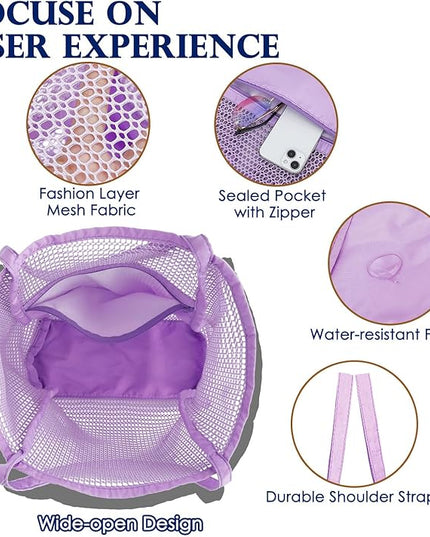 Mesh Beach Bag, Large Beach Tote with Zipper Pocket, Toys Pool Bag for Family Travel Vacation Cruise Essentials