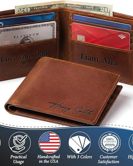 Custom Wallet for Men - Personalized Gift for Your Son, Dad, Lover, Valentine, Birthday, Father's Day, Grandfather, Anniversary, Christmas - Premium Wallet with Names Engraved in Stylish Fonts