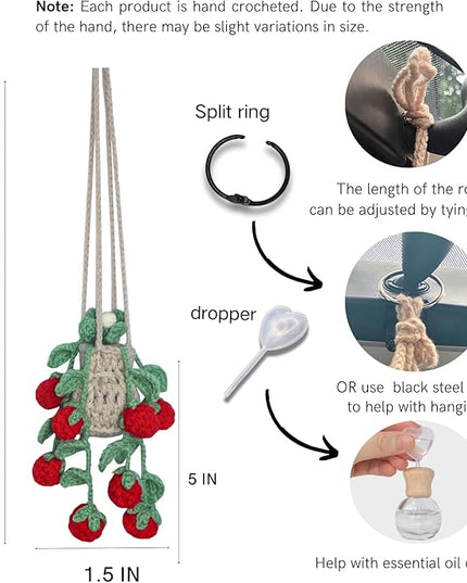 Handmade Crochet Hanging Car Air Freshener - Sweet Cherry Charm with 12ml Refillable Glass Essential Oil Bottle, Cute Car Accessories for Women & Bedroom Floral Decor